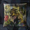 Cash King botanical street art cushion, 16in double-sided faux linen, shown against a dark studio backdrop