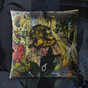Cash King botanical street art cushion, 16in double-sided faux linen, shown against a dark studio backdrop