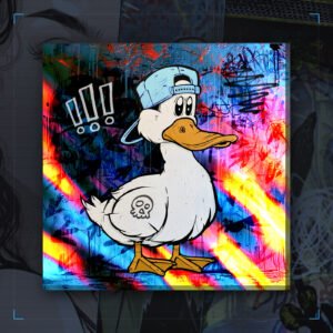 Mesmerised Duck stretched canvas print by Illunation - a cartoon duck in a backwards cap on a tie-dye graffiti wall