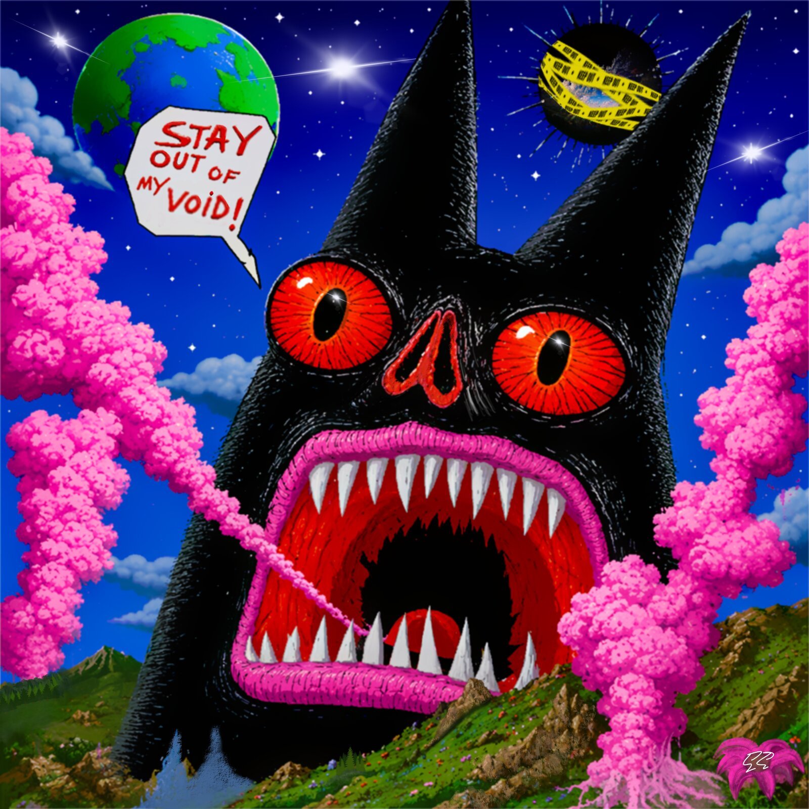 Anoid Void — surreal artwork by Illunation, a black horned creature with red eyes and bared teeth under a starlit sky