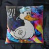 Mesmerised Duck graffiti cushion, 16in double-sided faux linen, shown against a dark studio backdrop