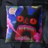 Void Hole surreal cat cushion, 16in double-sided faux linen, shown against a dark studio backdrop