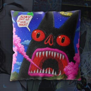 Void Hole surreal cat cushion, 16in double-sided faux linen, shown against a dark studio backdrop