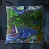 Weepy World psychedelic cushion, 16 inch double-sided, a weeping eye in a starlit globe above mountains and a river, on a dark graffiti backdrop